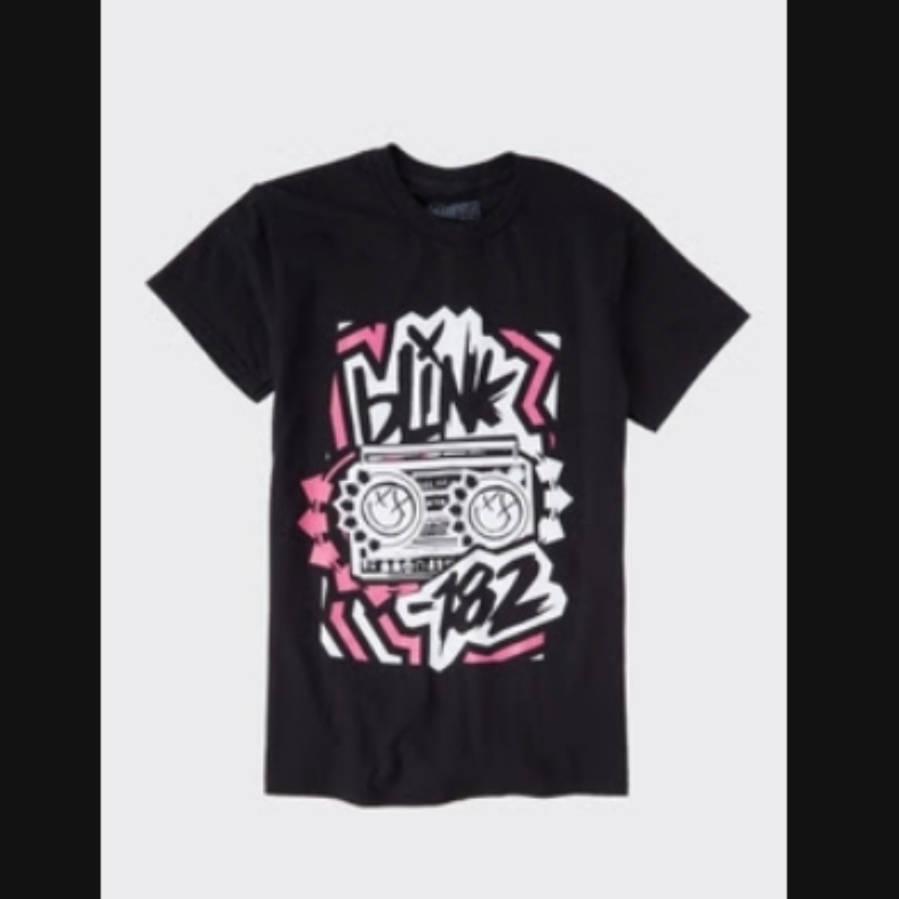 Blink 182 Black, Pink and White boom box graphic tee shirt